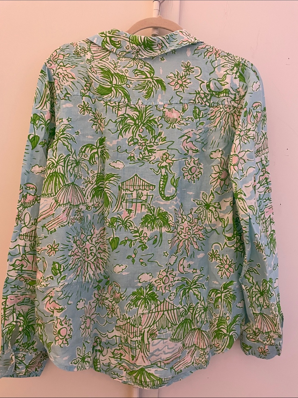 Lilly Pulitzer Sea View Linen Blue and Green Tropical Button-Down Shirt Large - Picture 6 of 6